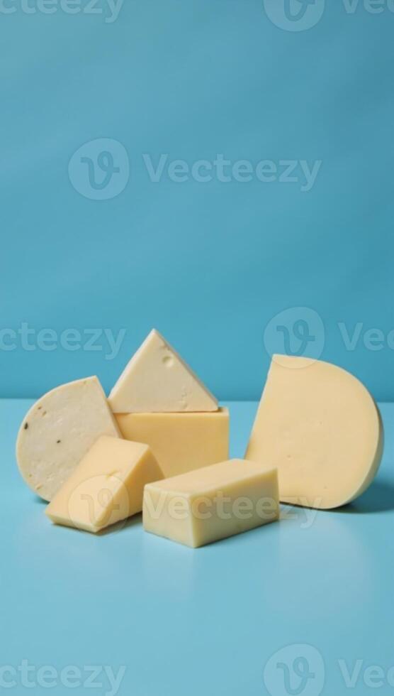 Cheese cubed on a blue surface against a matching backdrop photo