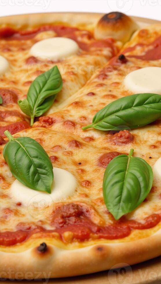 Isolated cheese chorizo pizza with a basil splash on top photo