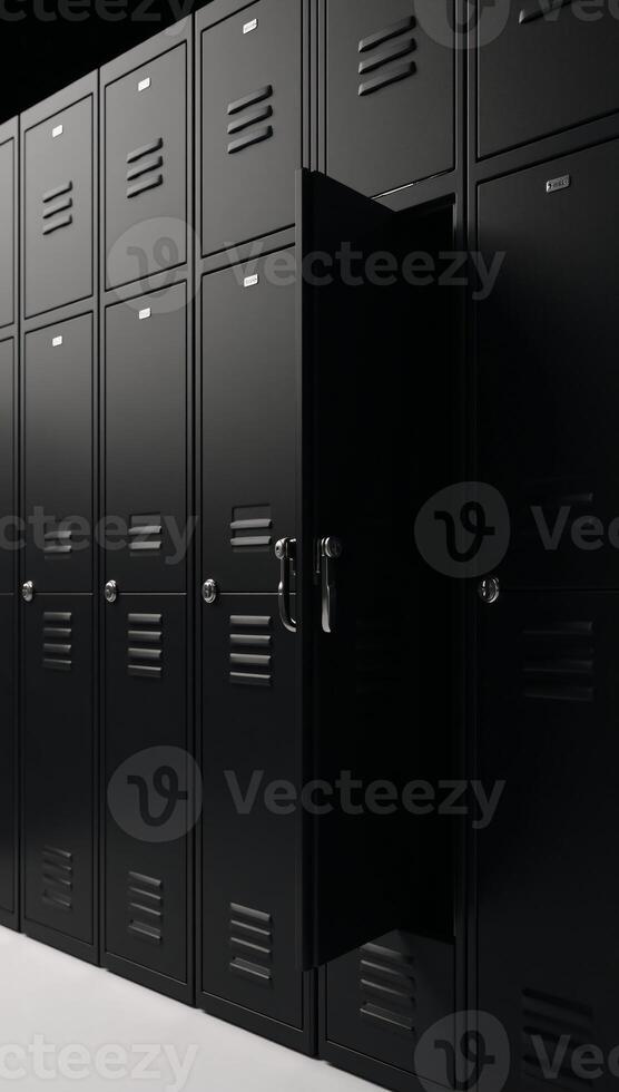 A stylized image featuring black lockers with one open compartment rendered in 3D photo