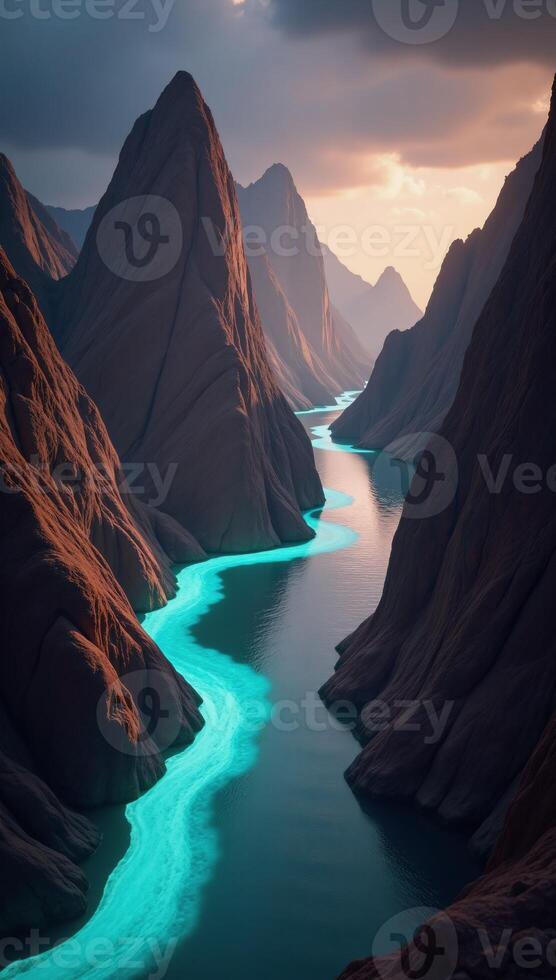 A digital illustration depicts an alien landscape with glowing rivers and floating mountains photo