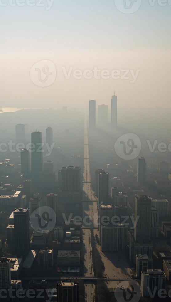 A panoramic aerial view captures the effects of toxic dust on urban landscapes symbolizing climate change air pollution and harm to the respiratory system photo