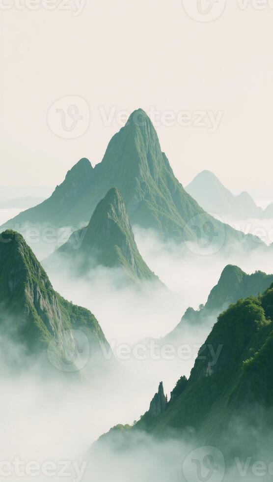 A minimalistic Chinese Brush Painting featuring wet ink renderings of a misty mountain landscape with green and blue hues employing diffused gradients for a traditional feel photo