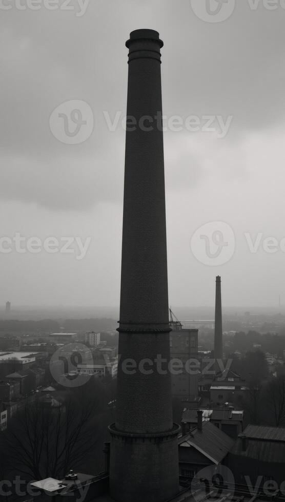 An industrial cityscape from the 19th century features a towering factory chimney amidst dense smoke and fog photo