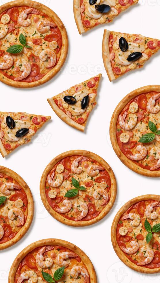 Seamless pizza pattern featuring seafood elements for various designs wallpapers logos icons menus restaurants cafes and more suitable for a pizzathemed setting or event Pizza Food Illustration photo