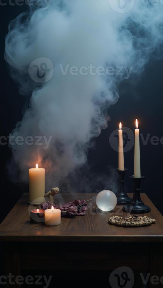 Foggy dark setting with smoke and mist on wooden table against an abstract and defocused Halloween backdrop photo