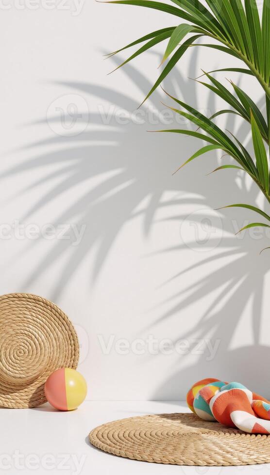 Realistic minimalist mockup showcases natural shadows from tropical coconut palms in a summery setting photo
