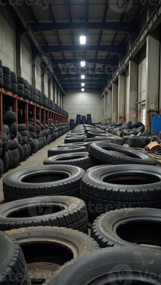 Piles of car tires at an industrial waste management facility highlight recycling practices and tire manufacturing technology photo
