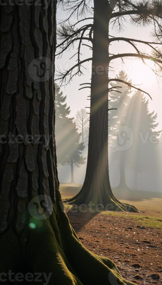 Misty forest at dawn with sunbeams piercing fogilluminated mosscovered trees evoking a mystical dreamlike atmosphere photo