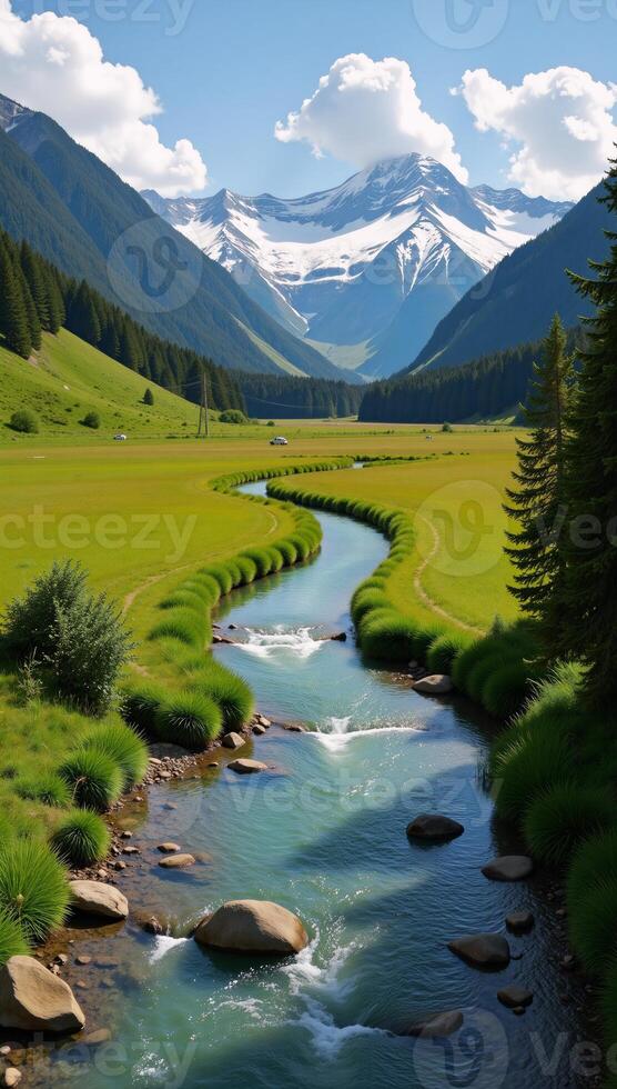 Scene Serene Natural Escape Peaceful Untouched Landscapes with Rivers Mountains Endless Green Fields photo