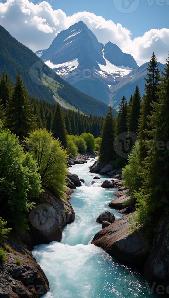 Stunning landscapes merge to showcase Earths natural harmony mountain ranges dense forests and flowing rivers photo