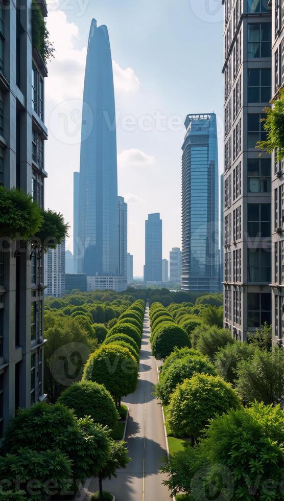 A sleek ecofriendly cityscape blends towering skyscrapers with verdant greenery embodying sustainability in urban design photo