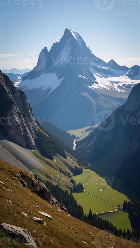 Mountains as the backdrop for a digital illustration in an impressionist style with vivid colors and dramatic peaks photo