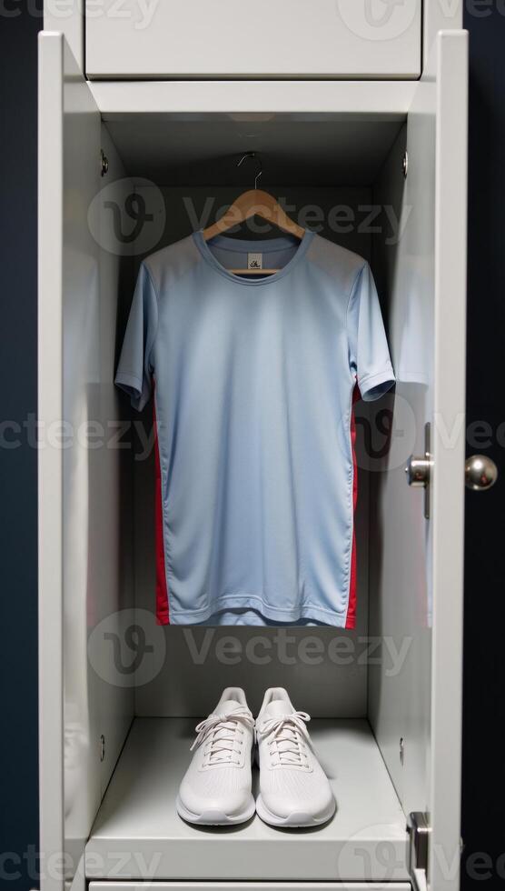 Neatly arranged sports gear in an open gym locker Jersey Running Shoes photo