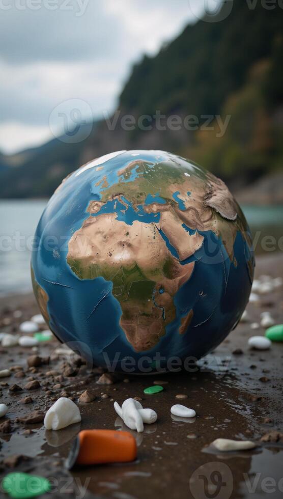Depiction of Earth suffering from ecopollution by human waste trash littering various landscapes with a blurred focus on our planets plight as a reminder of the urgent need to address environmental photo