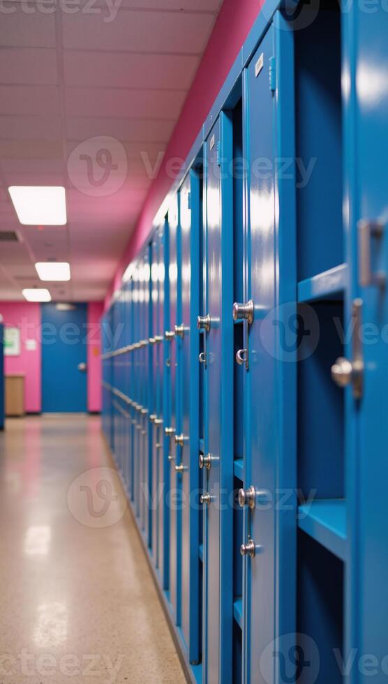 A scene depicts vibrant hallways with blue lockers lining them photo