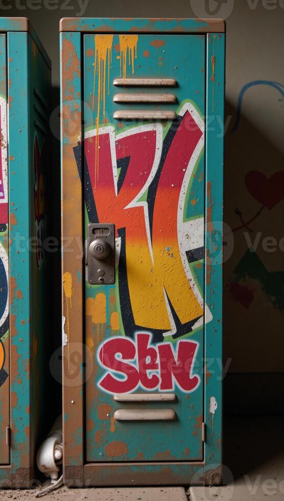 Locker adorned in grungy graffitied style against an abstract backdrop of vibrant colors photo