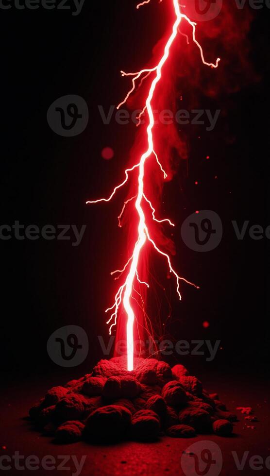 A vibrant red energy bolt releases from a wizards staff during a flashy lightning storm depicted as an electrifying illustration against a dark backdrop photo
