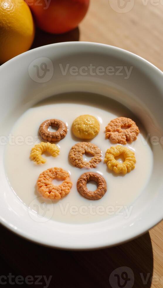 Breakfast scene featuring cereal and milk splashes on foodfocused backdrop photo