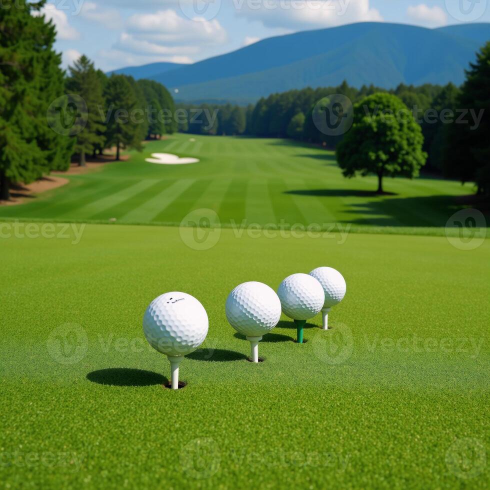Stylized image featuring peaceful golf course landscape with undulating greens and towering trees photo