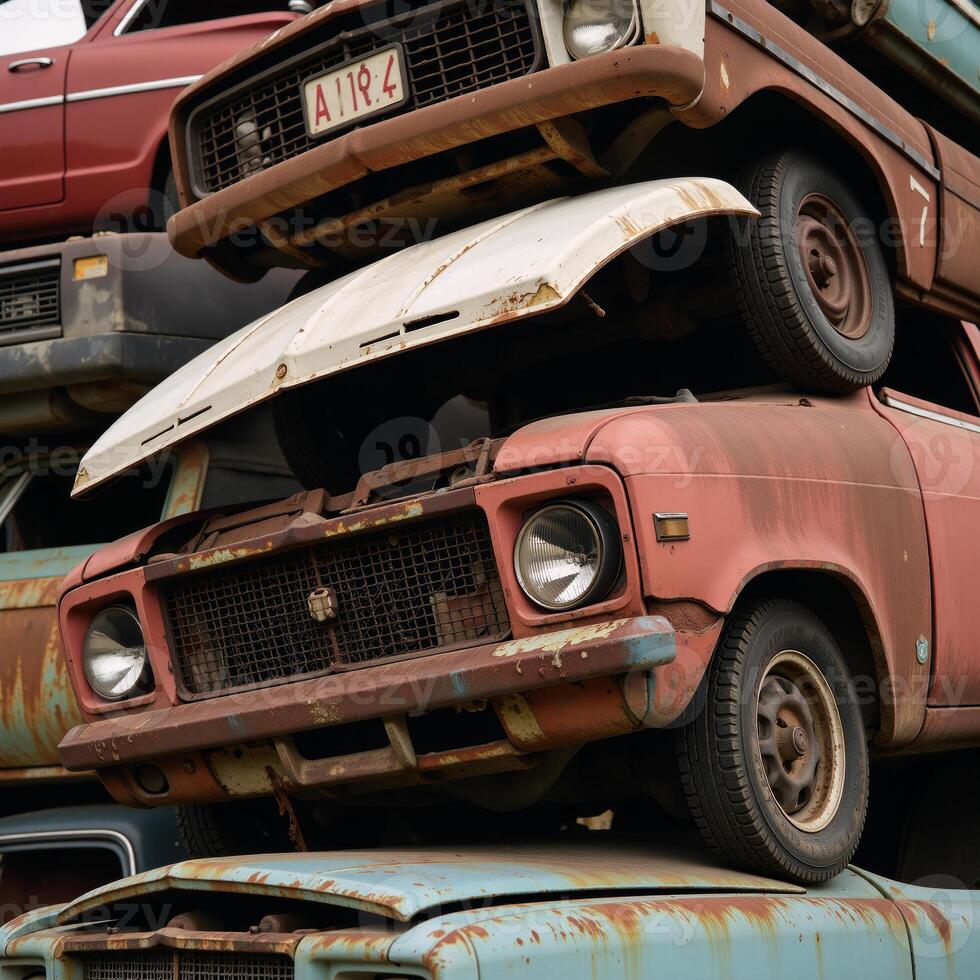 Abandoned decaying car pileup with signs of neglect photo