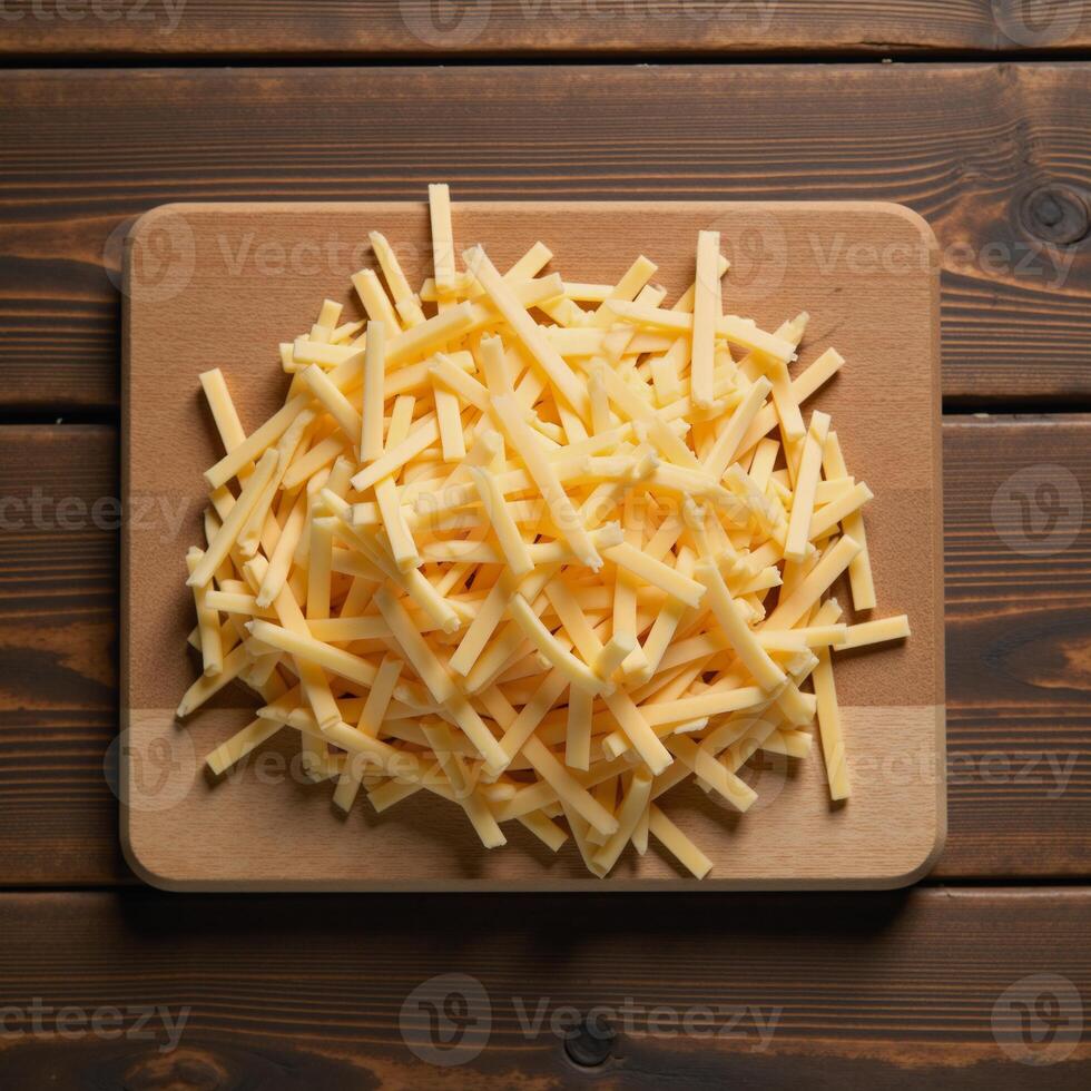 Topdown view featuring wood board with cheese and grated cheese as main subjects photo