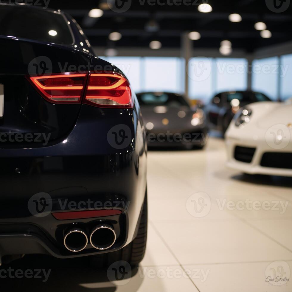 Highend showroom scene featuring closeup of sleek black cars taillight and exhaust surrounded by blurred bokeh background of other luxury vehicles photo
