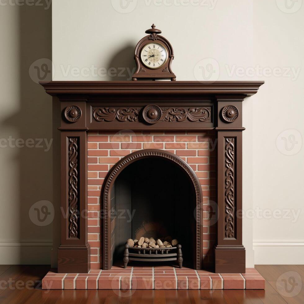 A vintage oldfashioned fireplace is depicted with a carriage clock on the mantelpiece 3D rendered photo
