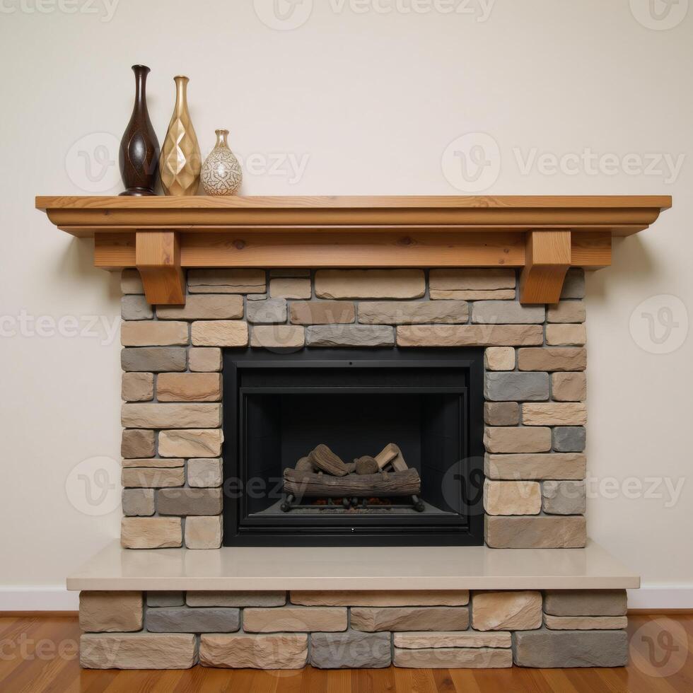 Modern rustic fireplace featuring stacked stone and wooden mantel design photo