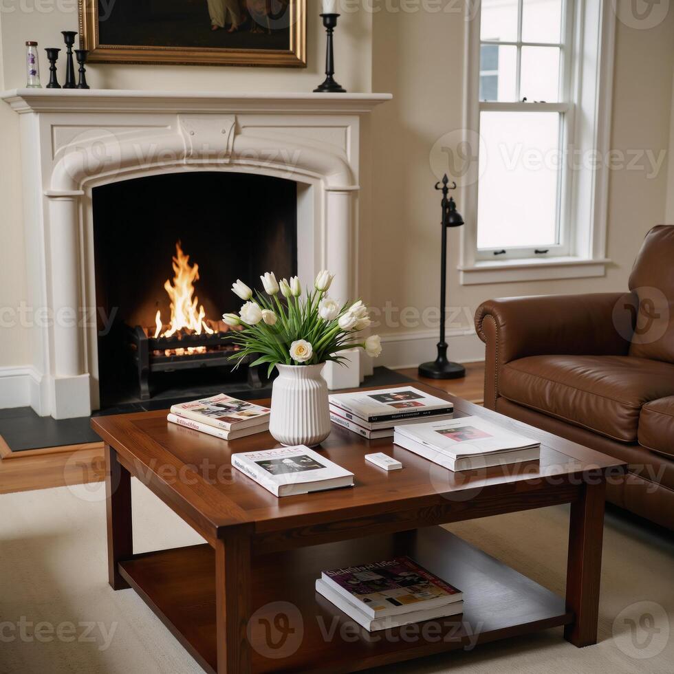 Cozy living room scene featuring a fireplace coffee table Generative Image photo