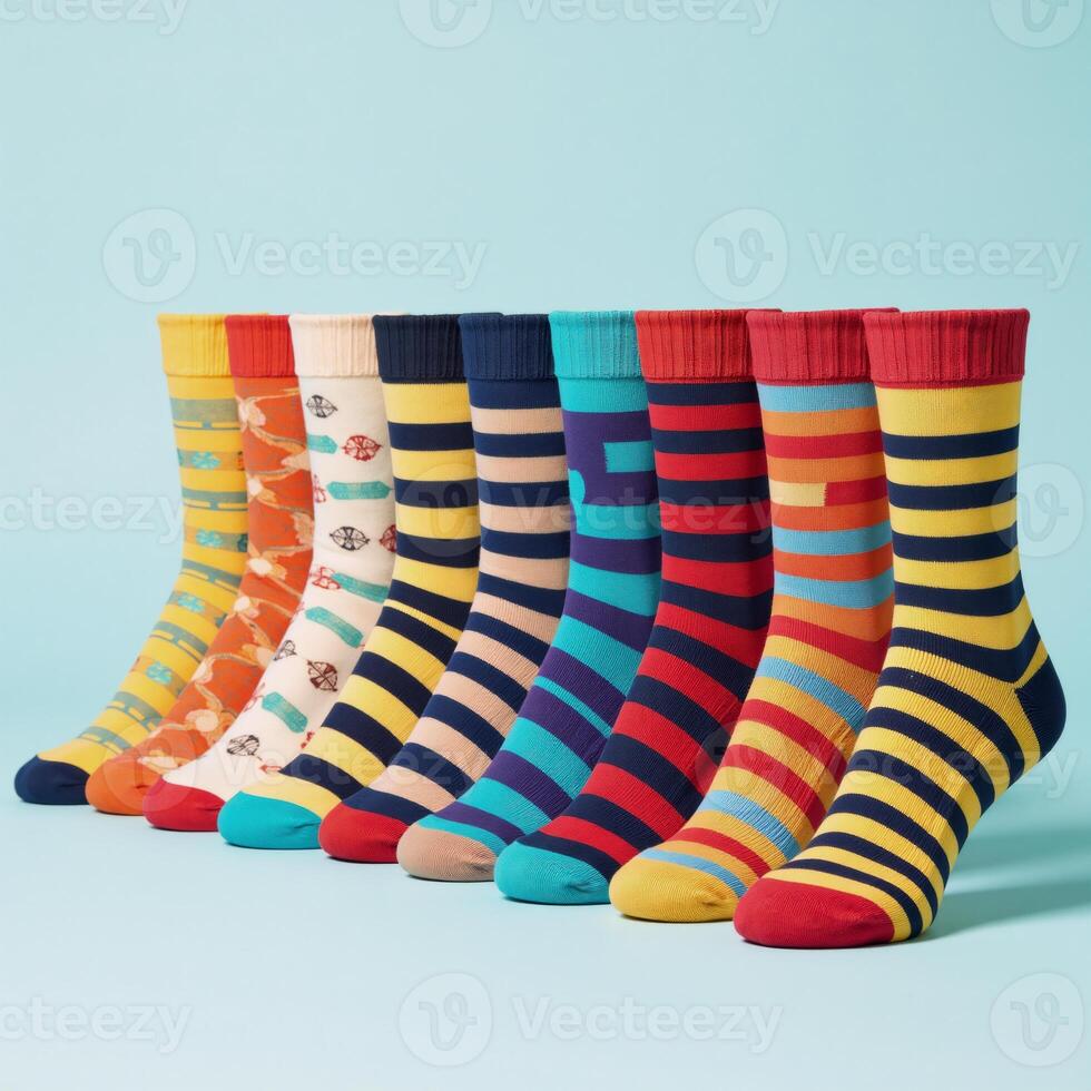 Striped socks displayed neatly in rows Vibrant Playful photo
