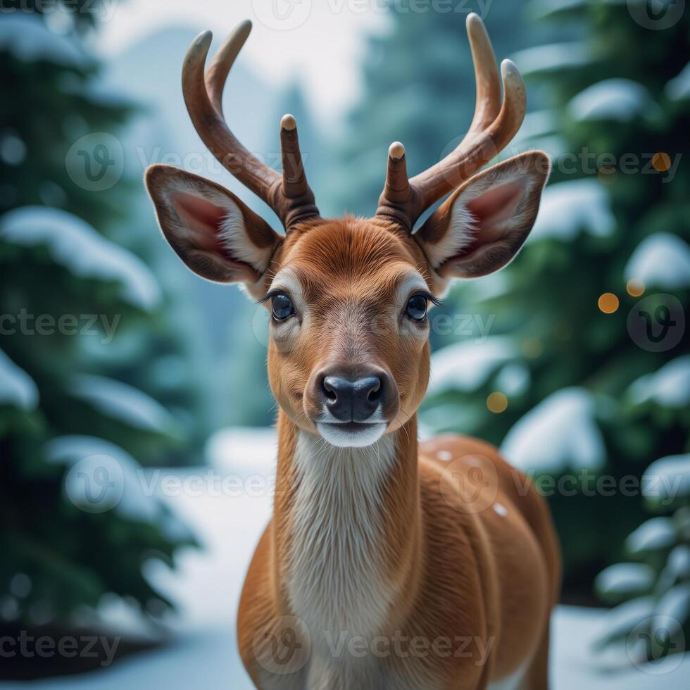 Adorable Reindeer set against a backdrop of wintery bluetoned trees photo