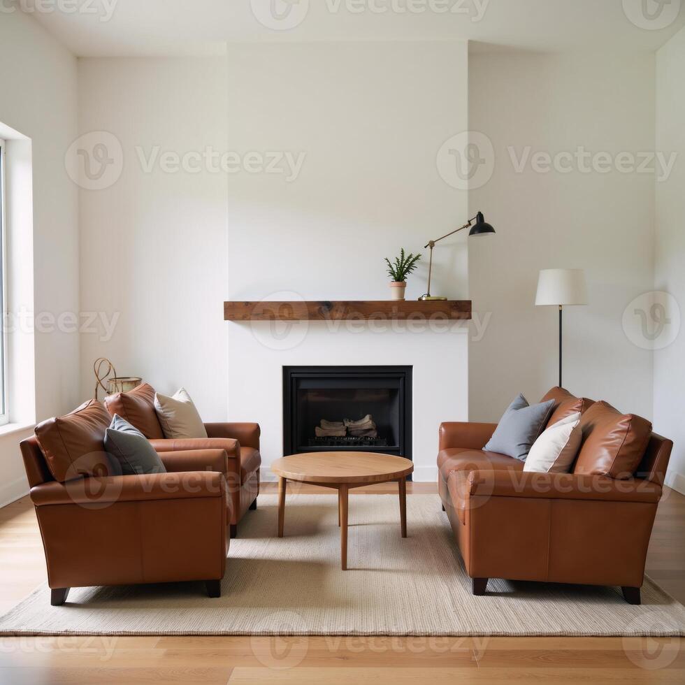 Modern Farmhouse Living Room Minimalist design featuring brown leather sofasarmchairs around a cozy gas fireplace with rustic rawedged wood mantel photo