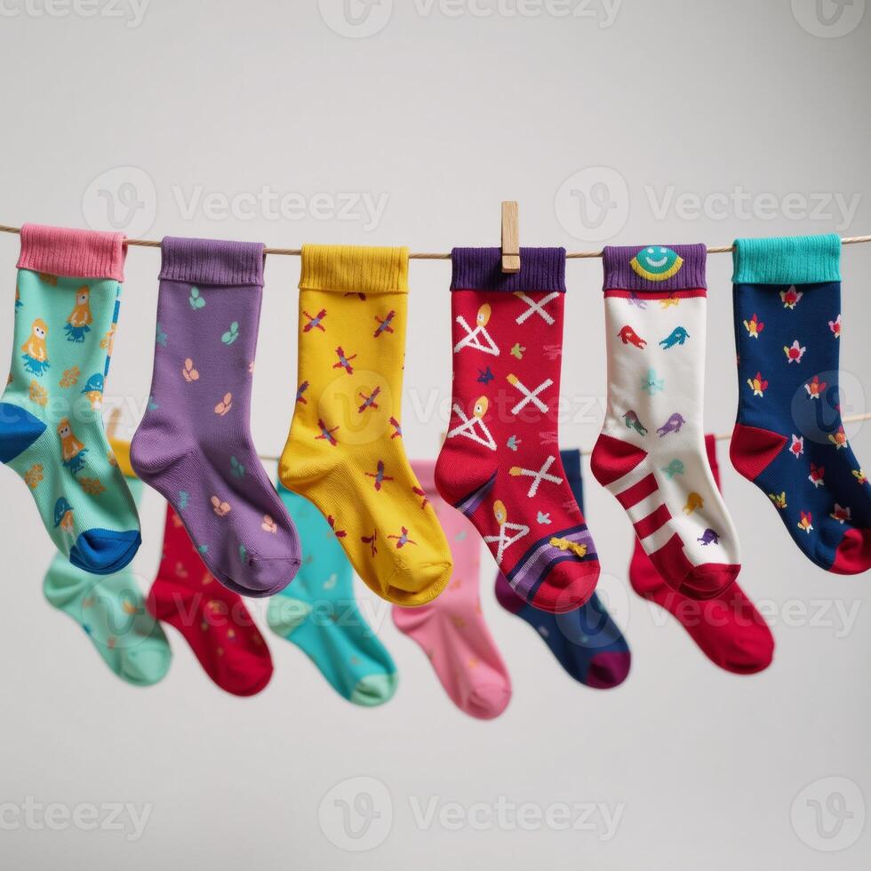 Colorful socks adorned with intricate designs hanging to dry on a line photo