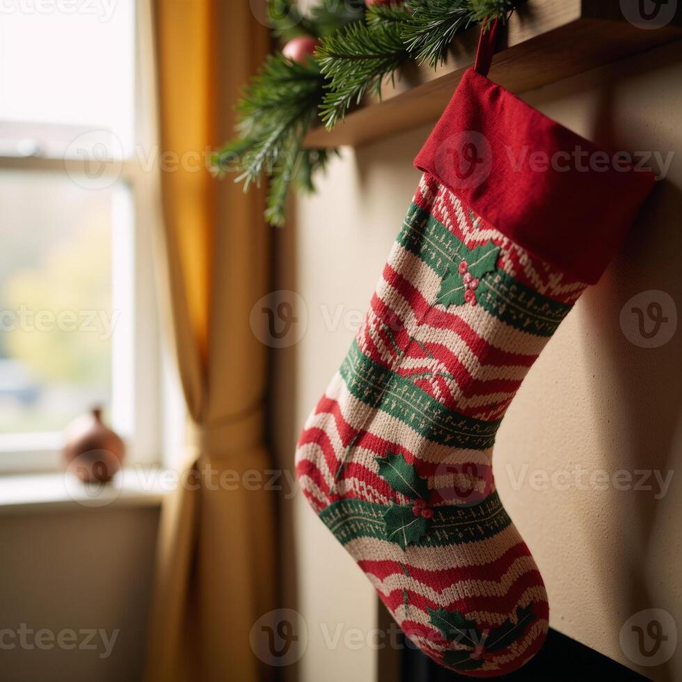A digital illustration featuring a whimsical holidaythemed sock adorned with Santa Claus reindeer snowflakes and festive patterns for a warm and cheerful winter motif photo