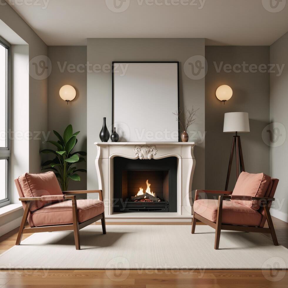 A stylish luminous 3Drendered living room scene showcases a cozy setting featuring a fireplace two armchairs and an image on the wall photo