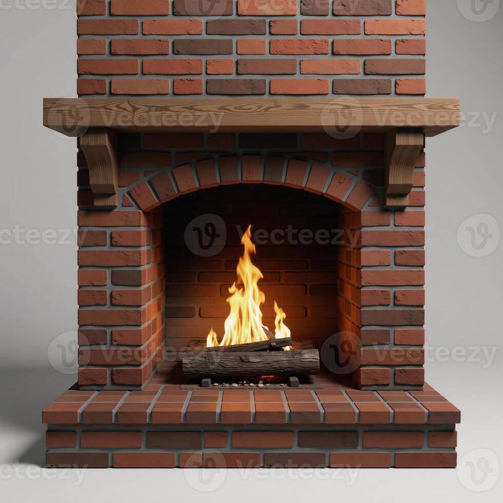 Traditional fireplace scene featuring roaring fire on empty mantelpiece shelf 3D rendering photo
