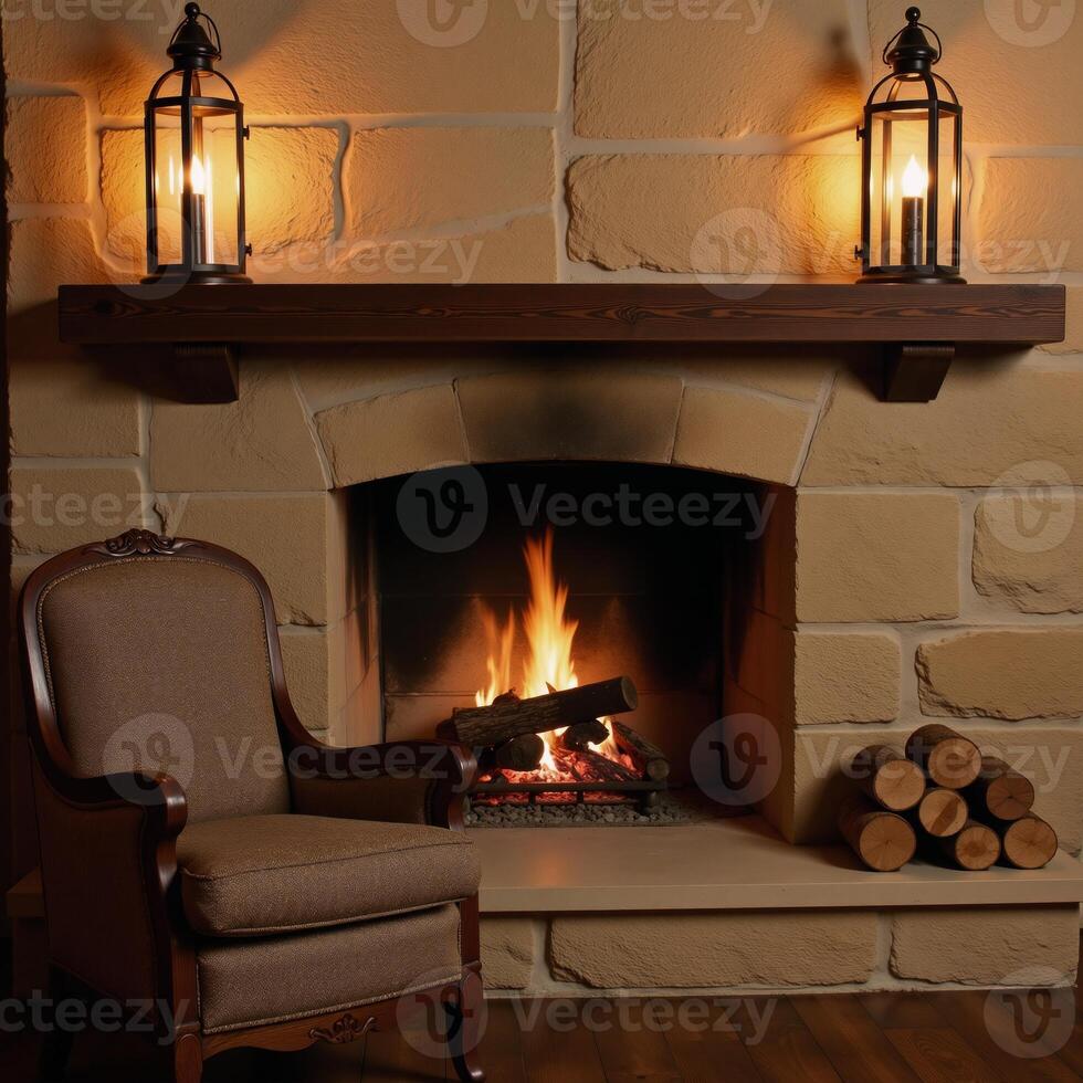 Cozy fireplace scene in an old stone interior complete with a wooden chair lanterns and woodpile photo