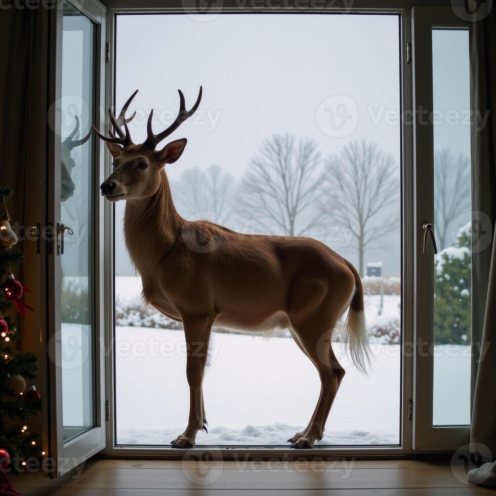 Illustrated scene features surreal elaphocentaur womandeer hybrid during Christmas in a wintry landscape framed by an open window photo