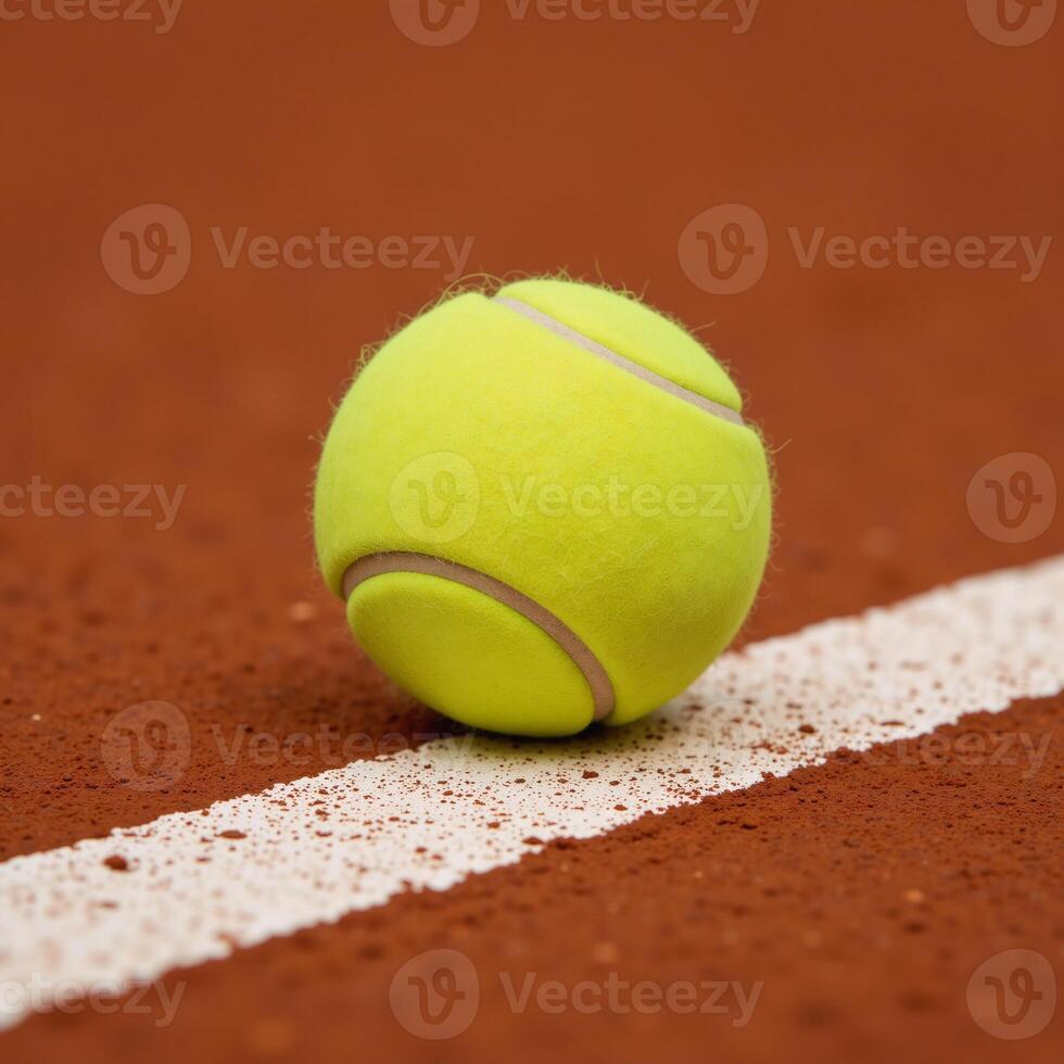 Macro shot Yellow tennis ball on red court line photo
