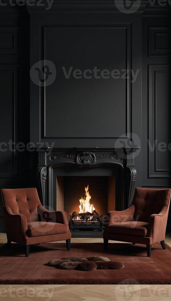 A captivating highresolution 3D rendering showcases an elegant classic black living room complete with a fireplace comfortable armchairs and intricate details such as wall paneling moldings and plush photo