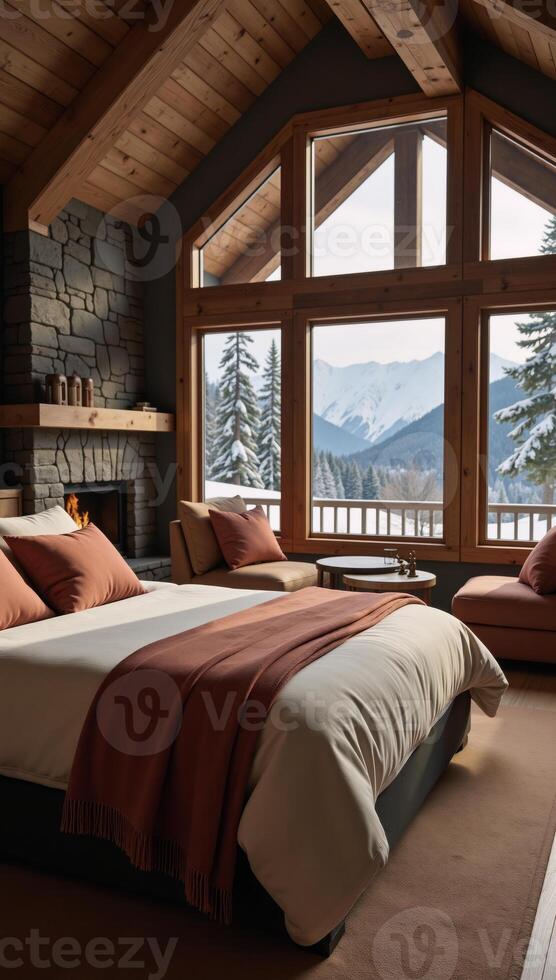 A cozy photorealistic 3D model of an open floor plan cabin bedroom with a crackling fireplace amidst a snowy winter landscape photo