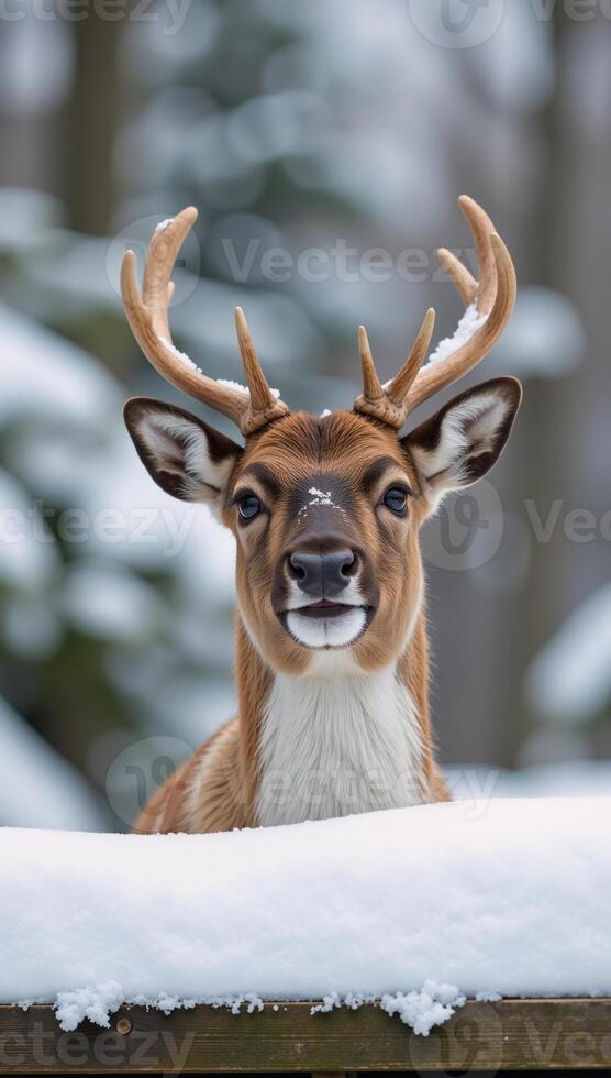 A funny reindeer pokes its head from a snowy wall photo