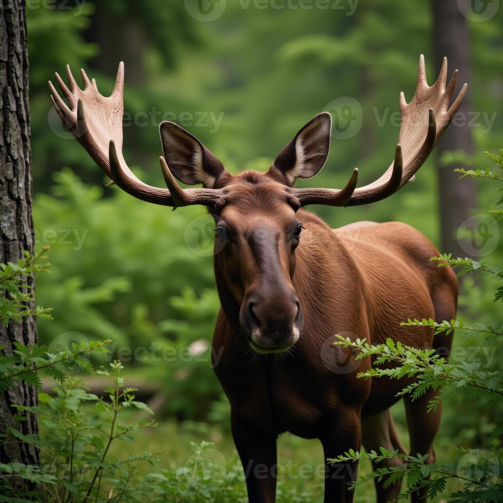 Digital illustration depicting an individual sitting on a log accompanied by a lifelike moose photo
