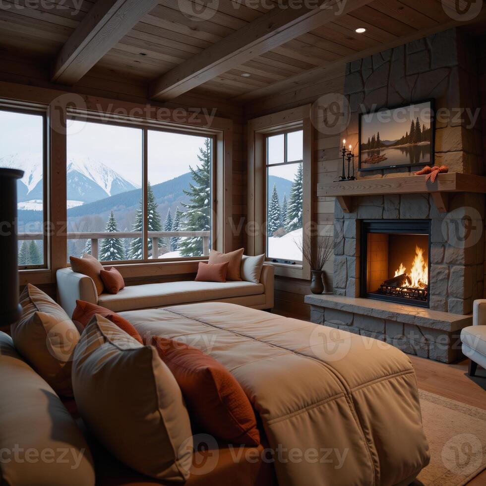 A cozy photorealistic 3D model of an open floor plan cabin bedroom with a crackling fireplace amidst a snowy winter landscape photo