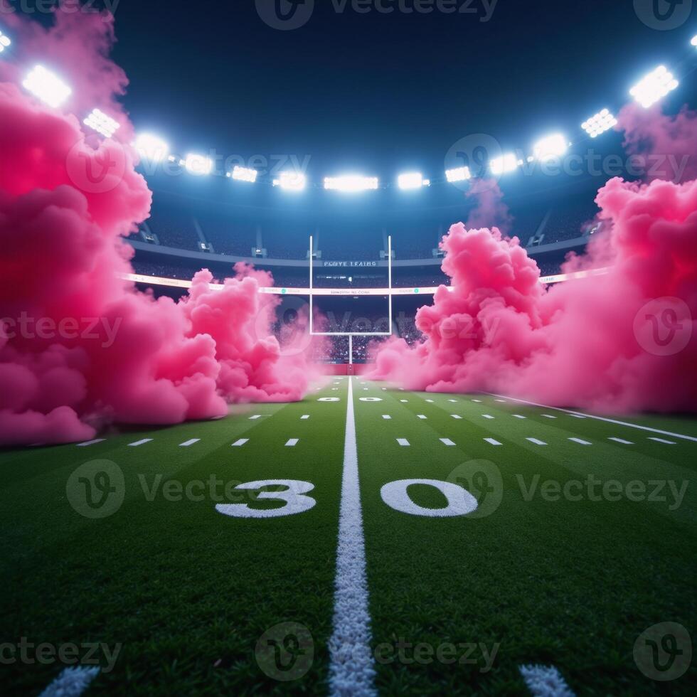 Computergenerated American football stadium field with smoke and neon background ideal for various graphic designs like flyers brochures ads booklets or leaflets photo