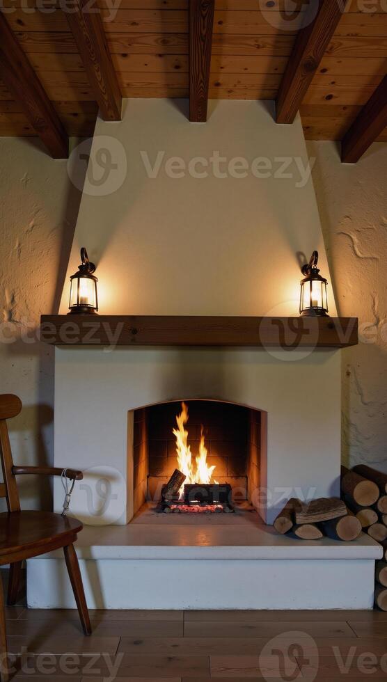 Cozy fireplace scene set against an oldstone interior featuring a wooden chair lanterns and a stack of wood photo