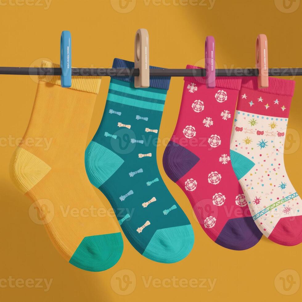 Childrens colorful sock designs hanging to dry on a clothesline in vectorstyle illustrations showcasing textured patterns photo