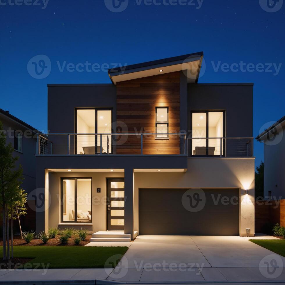 A clearnight scene showcases a contemporary grayandwood twostory home with large windows and a parked car illuminated by starlight against a backdrop of countless twinkling stars photo