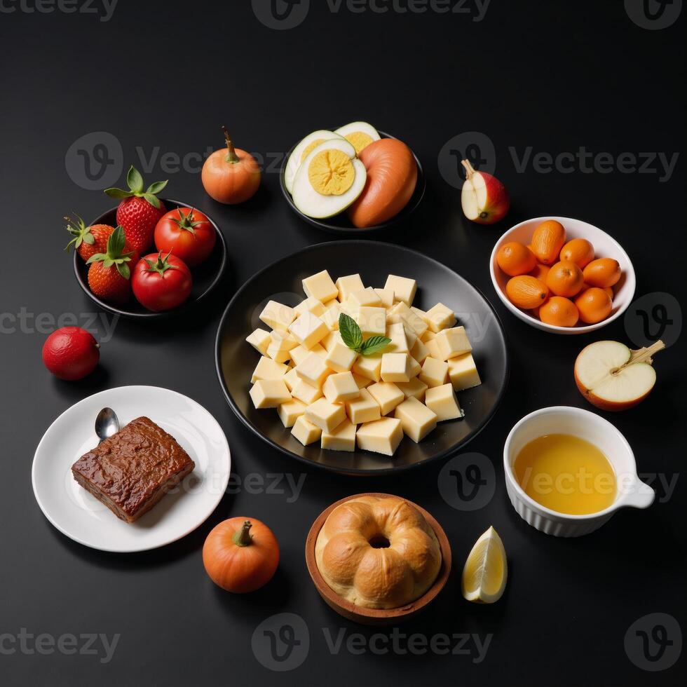 A blacktopped table displays assorted food and a steaming cup of tea beside cheeses and additional dishes photo