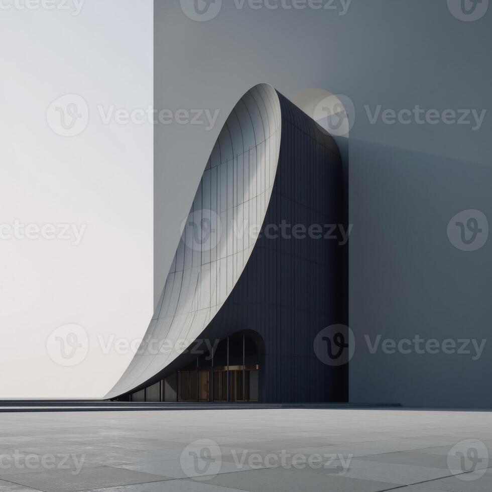 Modern dark curved skyscraper set against a minimalist square ground background 3D Rendering photo